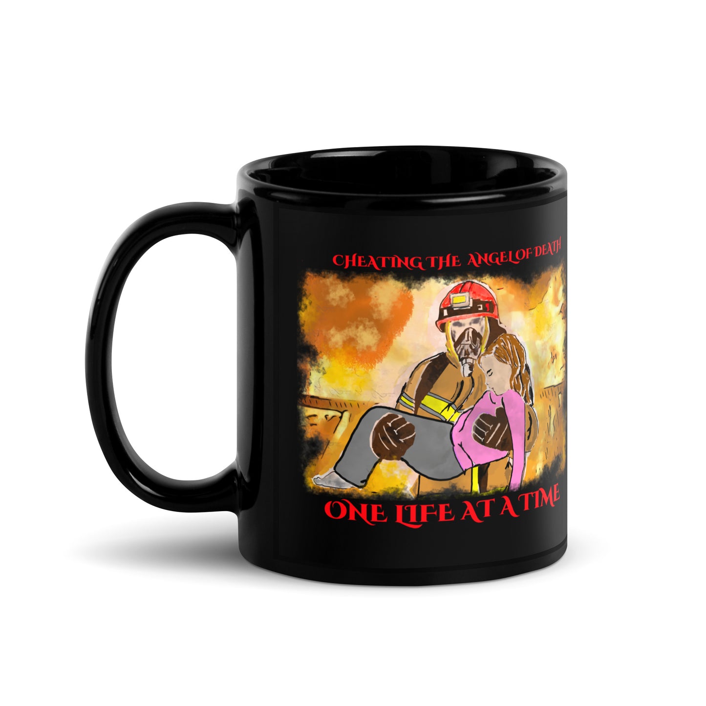 Firemen Cheating Death Black Glossy Mug