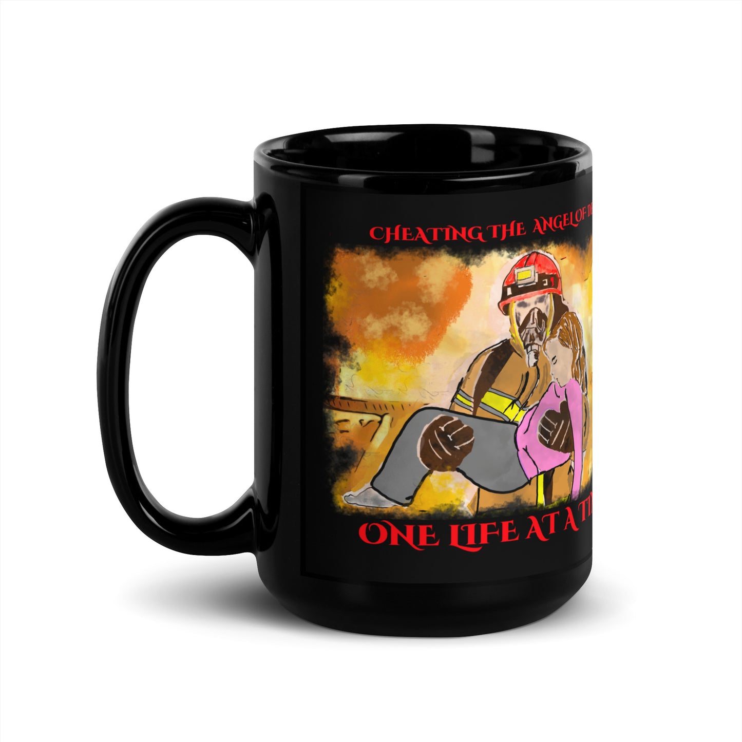 Firemen Cheating Death Black Glossy Mug